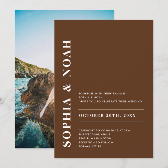 Modern Dark Brown Elegant Simple Wedding Photo Invitation (Front/Back)