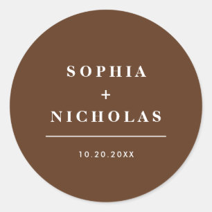 Modern Dark Brown Minimal Elegant Wedding Classic Round Sticker