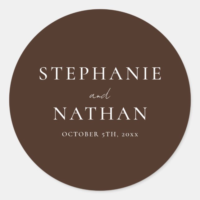 Modern Dark Brown Minimalist Wedding Classic Round Sticker (Front)