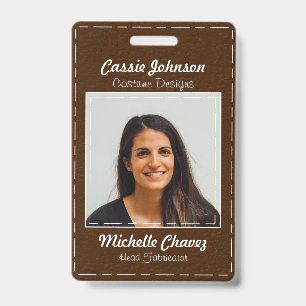 Modern Dark Brown Stitched Leather Photo Employee ID Badge