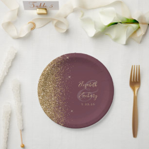 Modern Dark Burgundy Gold Glitter Edge Wedding Paper Plate
