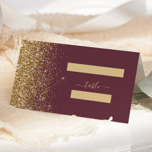 Modern Dark Burgundy Gold Glitter Edge Wedding Place Card