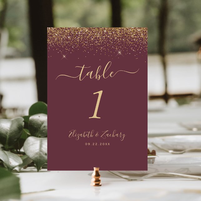 Modern Dark Burgundy Gold Glitter Edge Wedding Table Number (Creator Uploaded)