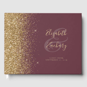 Modern Dark Burgundy Gold Glitter Script Guest Book