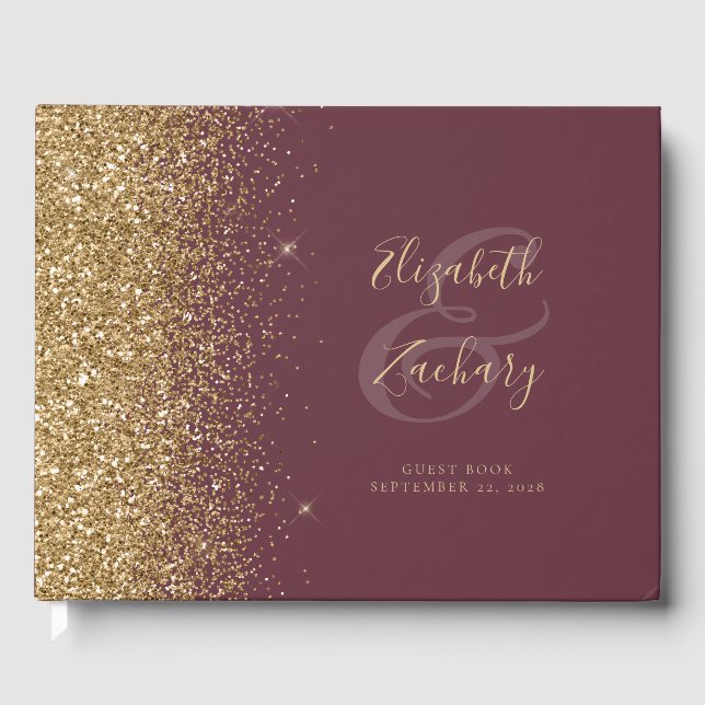 Modern Dark Burgundy Gold Glitter Script Guest Book (Front)