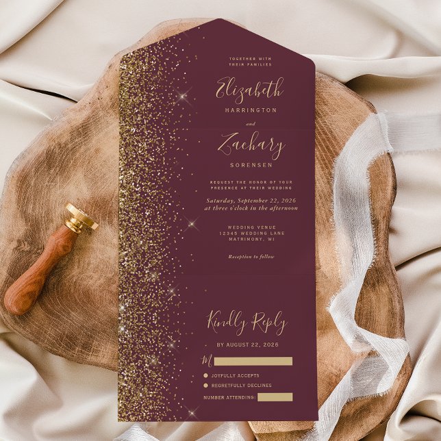 Modern Dark Burgundy Gold Glitter Wedding All In One Invitation (Creator Uploaded)