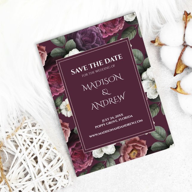 Modern Dark Burgundy Peonies Save the Date Card (Modern Dark Burgundy Peonies Save the Date Card on cozy background with cotton flowers)