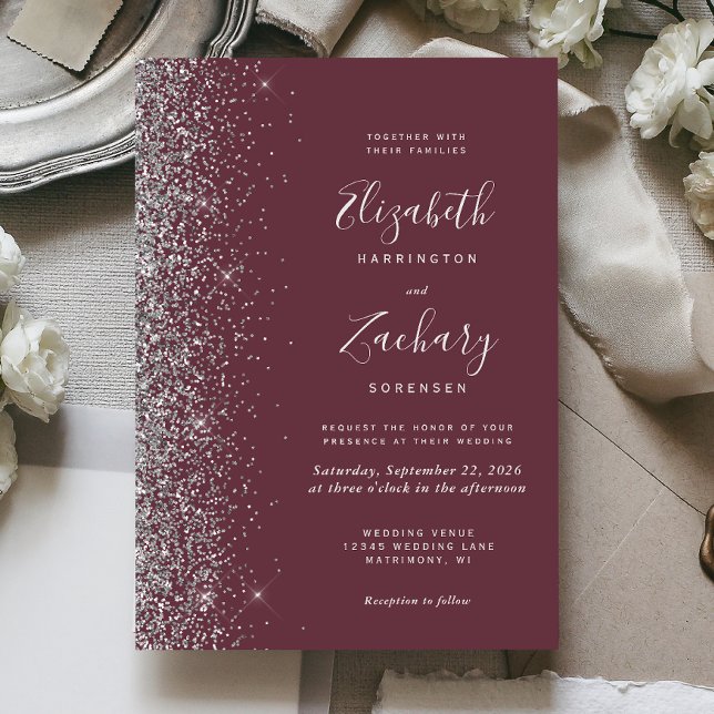 Modern Dark Burgundy Silver Glitter Edge Wedding Invitation (Creator Uploaded)