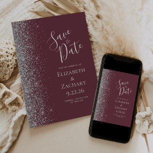 Modern Dark Burgundy Silver Glitter Save the Date Announcement