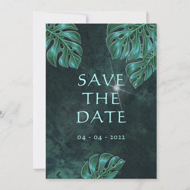 Modern Dark Emerald Tropical Foliage Save The Date (Front)