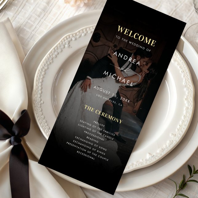 Modern Dark Faded Photo Gold & Black Wedding Program (Creator Uploaded)