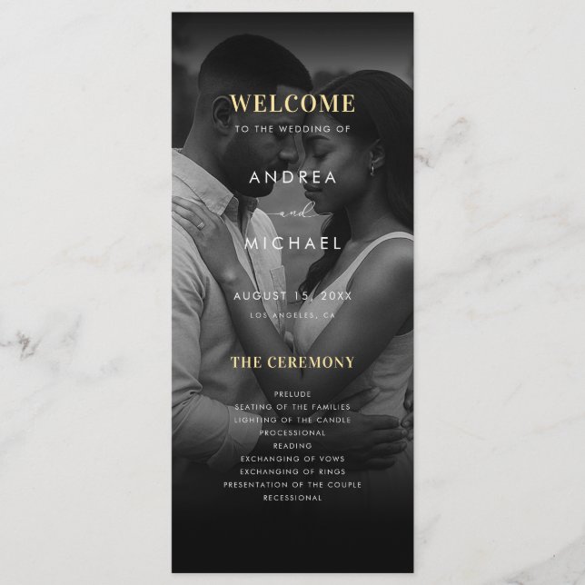 Modern Dark Faded Photo Gold & Black Wedding Program (Front)