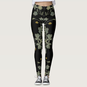 Modern Dark Floral Ornate Grey Gold Black Pattern Leggings
