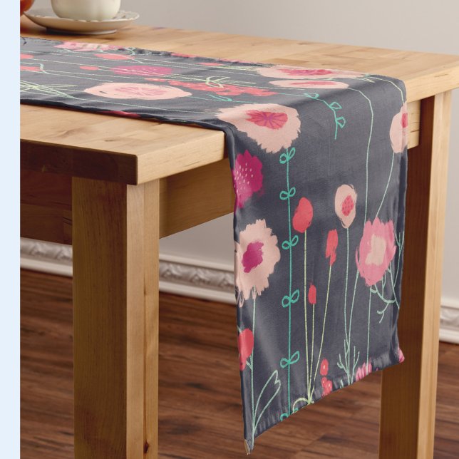 Modern Dark Floral Short Table Runner (Boho floral pink and charcoal gray table runner)