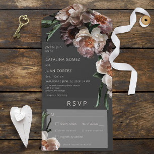 Modern Dark Flower Blossoms Black Dinner All In One Invitation