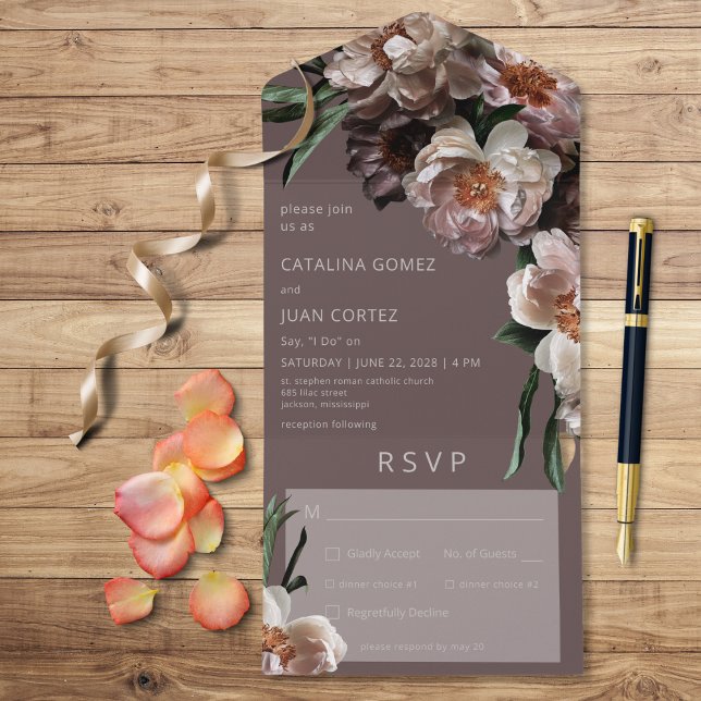 Modern Dark Flower Blossoms Brown Dinner All In One Invitation (Also available with a QR code or without dinner selection options.)