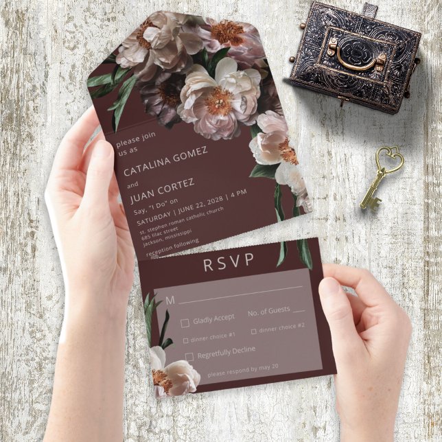 Modern Dark Flower Blossoms Burgundy Dinner All In One Invitation (Also available with a QR code or without dinner selection options.)