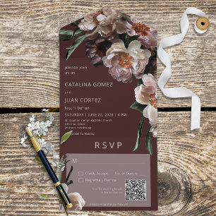 Modern Dark Flower Blossoms Burgundy QR Code All In One Invitation
