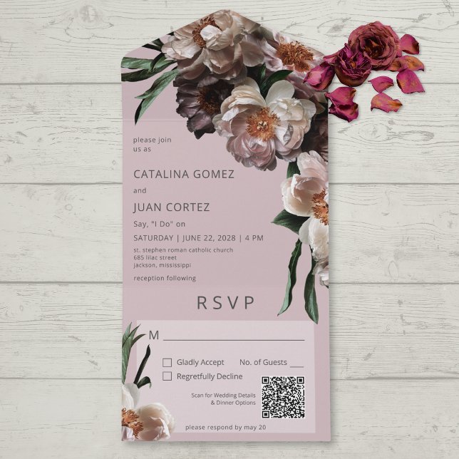 Modern Dark Flower Blossoms Soft Pink QR Code All In One Invitation (Also available without a QR code; with or without dinner selection options.)