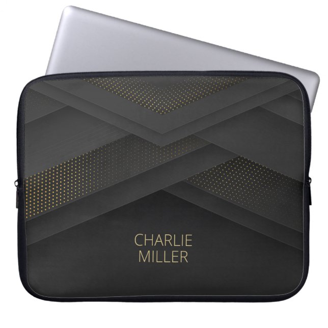 Modern Dark-Gold Abstract Background & Custom Name Laptop Sleeve (Front)