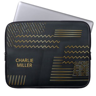 Modern Dark-Gold Abstract Background & Custom Name Laptop Sleeve