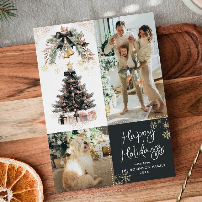 Modern Dark Gold Black Bow Happy Holidays 2 Photo Holiday Card (Creator Uploaded)