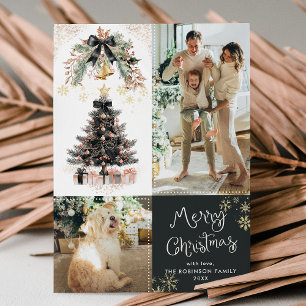 Modern Dark Gold Black Bow Merry Christmas 2 Photo Holiday Card