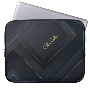 Modern Dark-Gold Halftone Pattern and Custom Name Laptop Sleeve