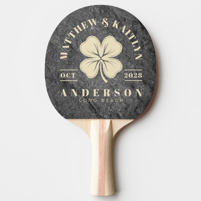Modern Dark Granite Irish Clover Wedding Crest Ping Pong Paddle (Front)