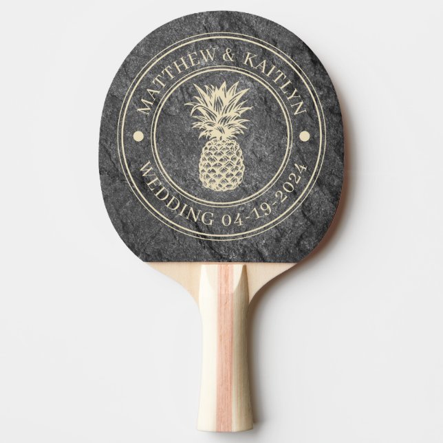 Modern Dark Granite Pineapple Wedding Crest & Name Ping Pong Paddle (Front)