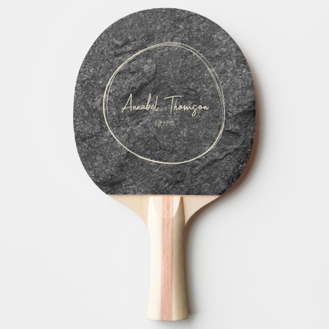 Modern Dark Granite Stone Name in Drawn Circle  Ping Pong Paddle (Front)