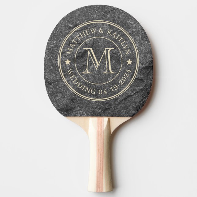 Modern Dark Granite Stone Wedding Monogram Star Ping Pong Paddle (Front)