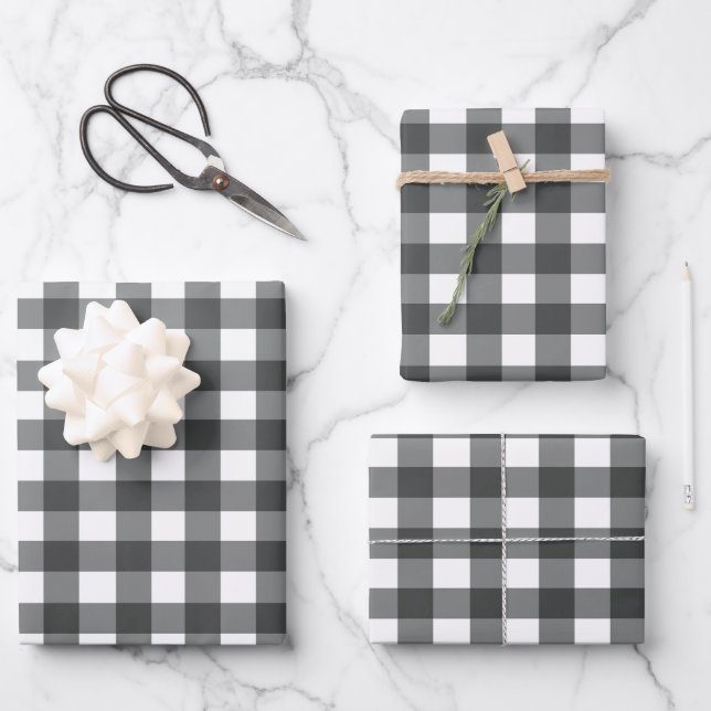 Modern Dark Gray and White Gingham Plaid Gift Wrapping Paper Sheet (Front)