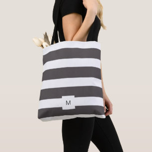 Modern dark gray white stripes monogrammed tote bag