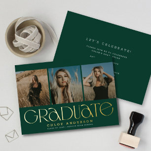 Modern Dark Green 3 Photo Graduation Announcement 