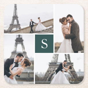 Modern Dark Green 4 Photo Gallery and Monogram Square Paper Coaster