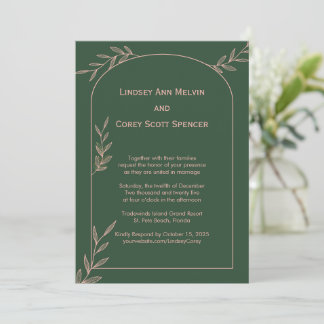 Modern Dark Green and Pink Leaf Wedding Invitation