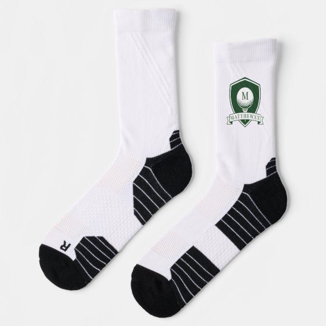 Modern Dark Green and White Name Initial Monogram Socks (Left)