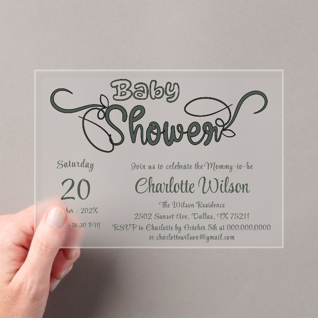 Modern Dark Green Baby Shower Acrylic Invitations (Insitu (Handheld))