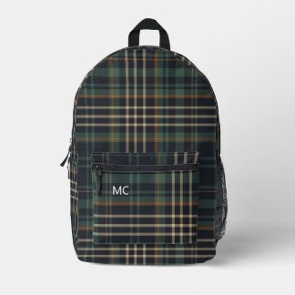 Modern Dark Green Check Plaid Monogram Initials Printed Backpack