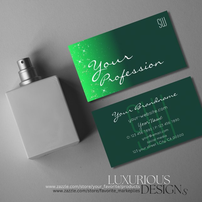 Modern Dark Green Chic Glitter Stars with Initials Business Card (Creator Uploaded)