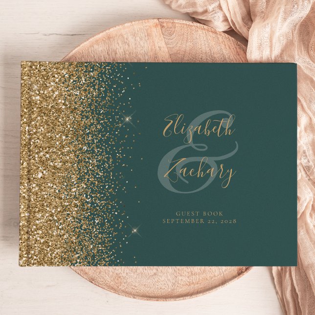 Modern Dark Green Gold Glitter Script Guest Book (Creator Uploaded)