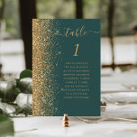 Modern Dark Green Gold Glitter Wedding Table Number<br><div class="desc">The left-hand edge of this elegant modern wedding table number card features a gold faux glitter border. The word "table" appears in gold-coloured whimsical handwriting script on a dark green background. Add the names of your guests who are assigned to each table.</div>