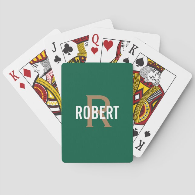 Modern  dark green gold monogram name playing cards (Back)