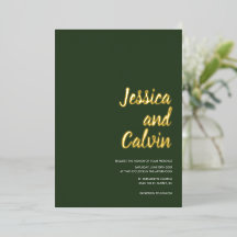 Modern Dark Green Gold Text Wedding Invitation 