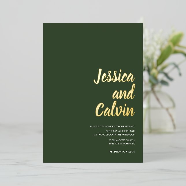 Modern Dark Green Gold Text Wedding Invitation  (Standing Front)