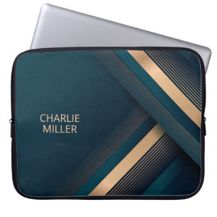 Modern Dark Green Lines Background & Custom Name Laptop Sleeve
