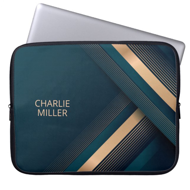 Modern Dark Green Lines Background & Custom Name Laptop Sleeve (Front)
