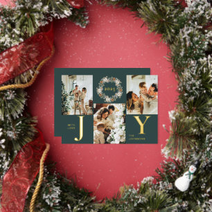 Modern Dark Green Photo Collage Joy Christmas Foil Holiday Card