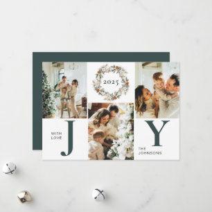 Modern Dark Green Photo Collage Joy Christmas Holiday Card